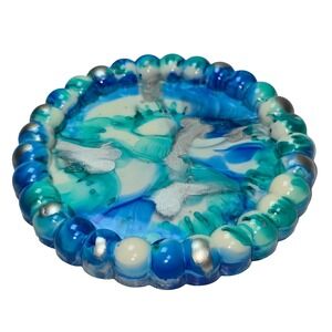 Handmade Resin Trinket Dish 5" Round Blue Teal Silver Alcohol Ink Bubble Rim Art